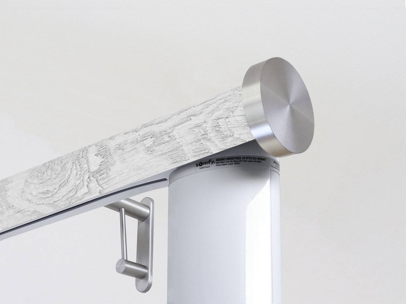Motorised electric curtain pole in nordic white driftwood, wireless & battery powered using the Somfy Glydea track | Walcot House UK curtain pole specialists