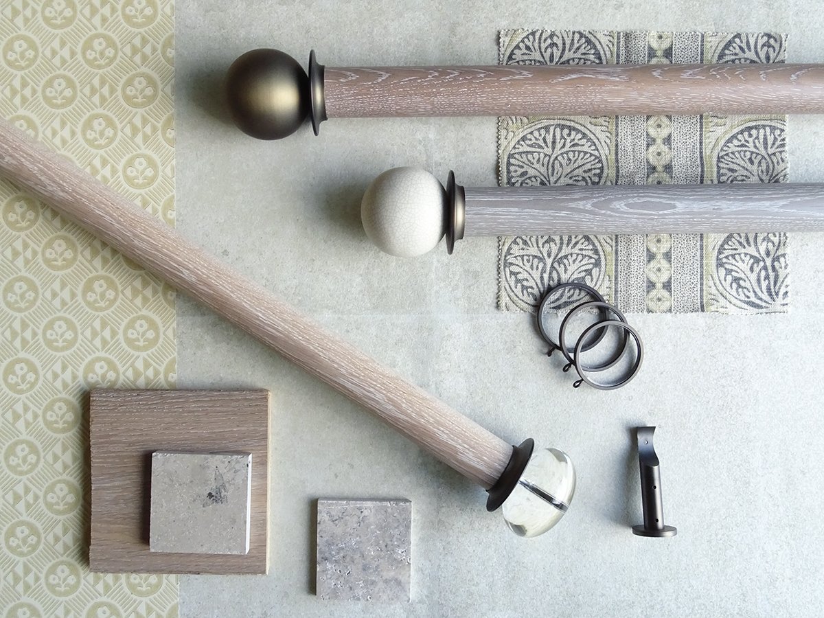 Walcot House | Real solid oak curtain pole set in 50mm, hand finished, smoked grey oak, bronze hardware