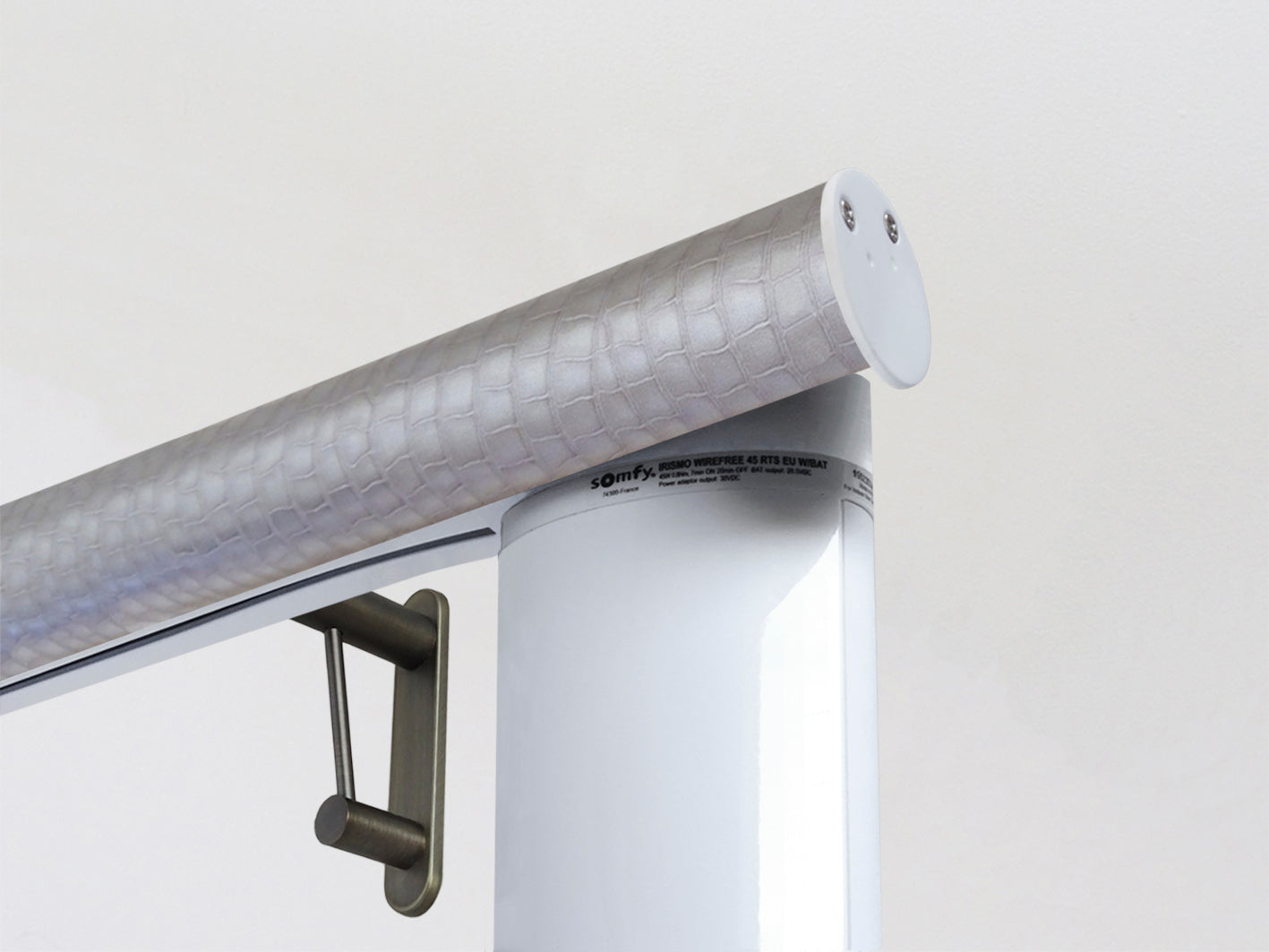 Motorised electric curtain pole in sliver rose pewter, wireless & battery powered using the Somfy Glydea track | Walcot House UK curtain pole specialists