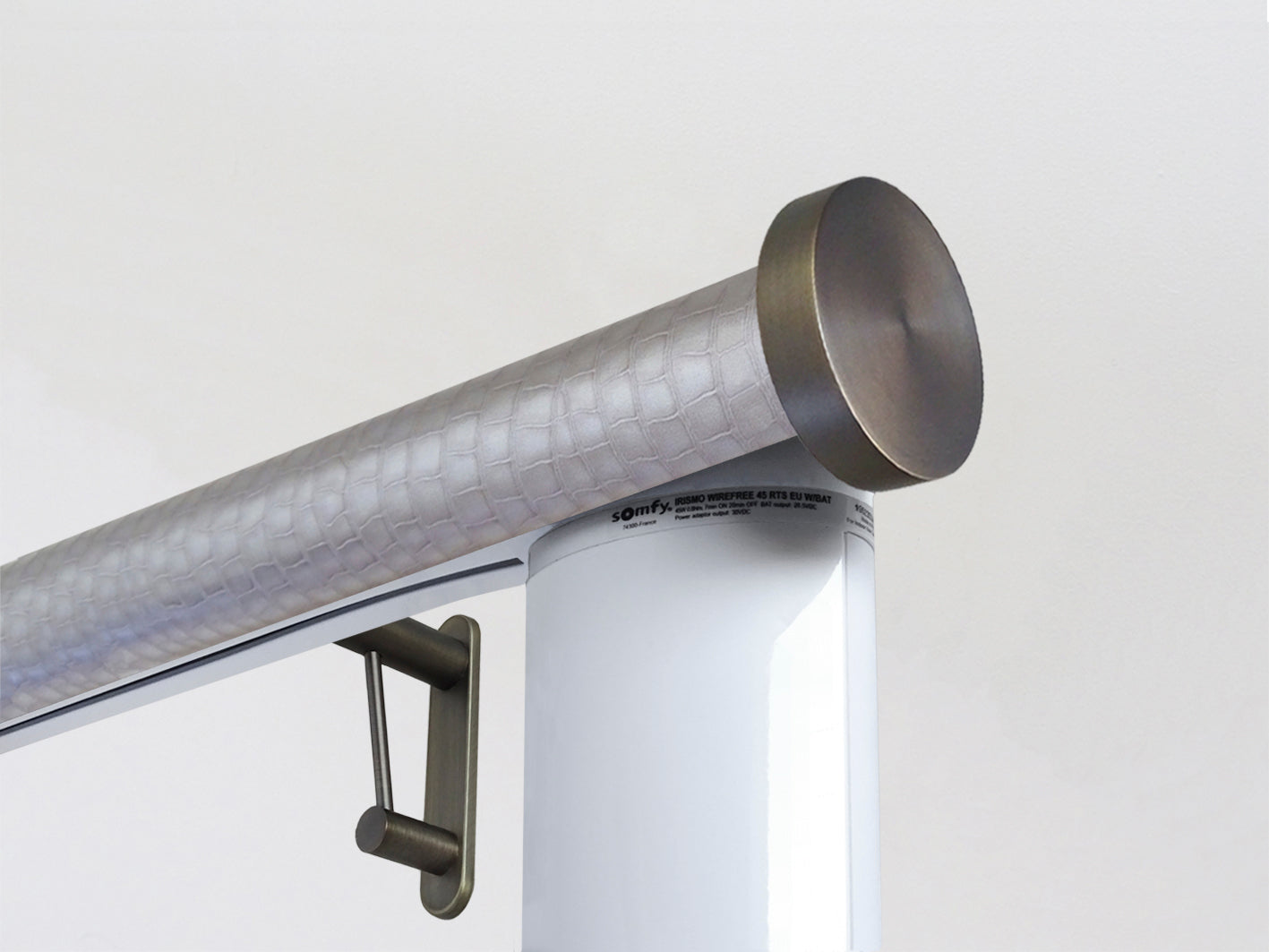 Motorised electric curtain pole in rose pewter grey, wireless & battery powered using the Somfy Glydea track | Walcot House UK curtain pole specialists