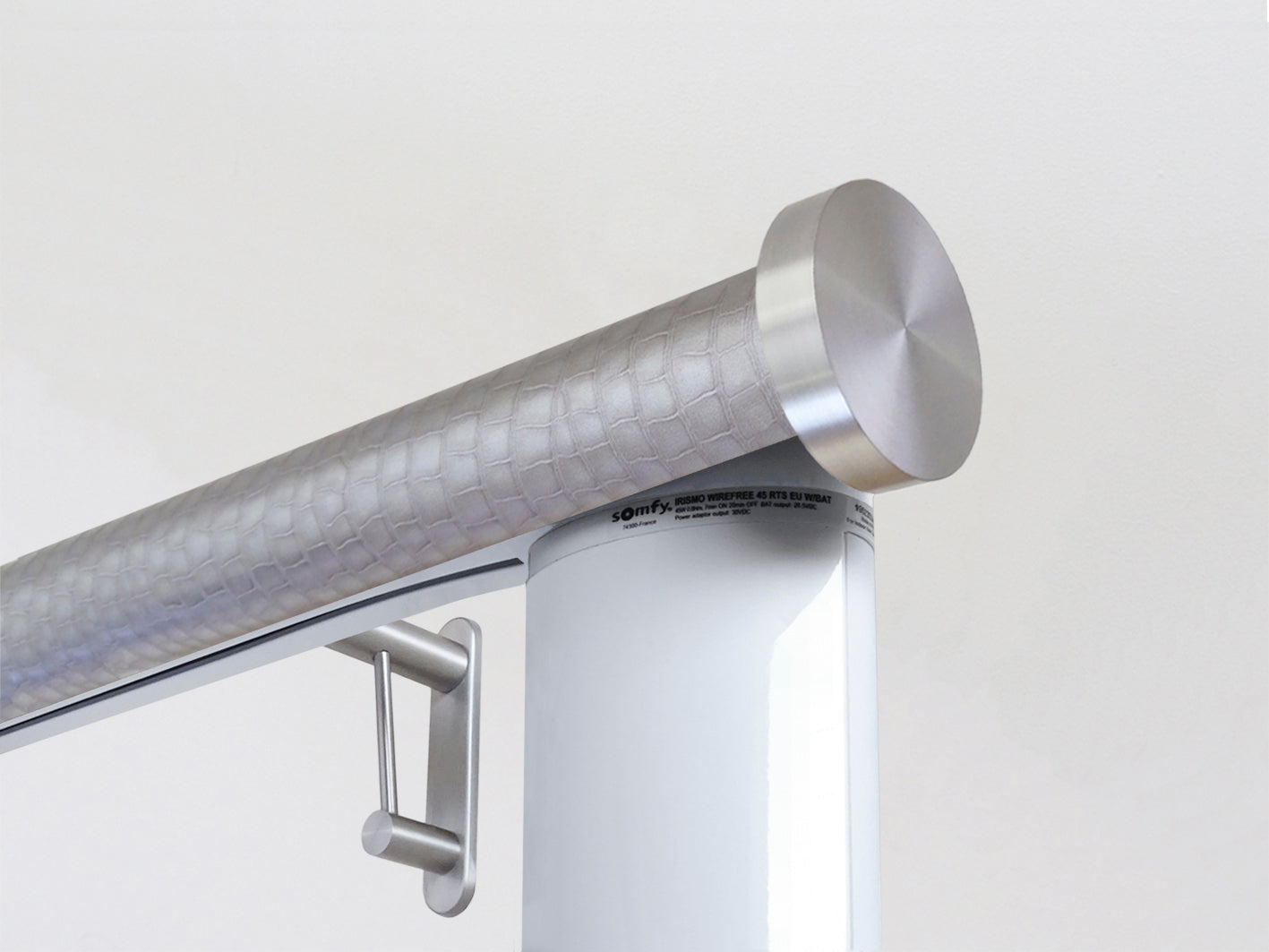 Motorised electric curtain pole in rose pewter grey, wireless & battery powered using the Somfy Glydea track | Walcot House UK curtain pole specialists