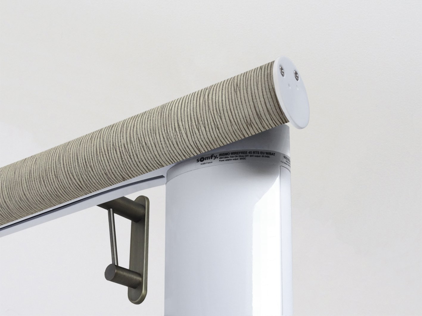 Motorised electric curtain pole in shale green, wireless & battery powered using the Somfy Glydea track | Walcot House UK curtain pole specialists