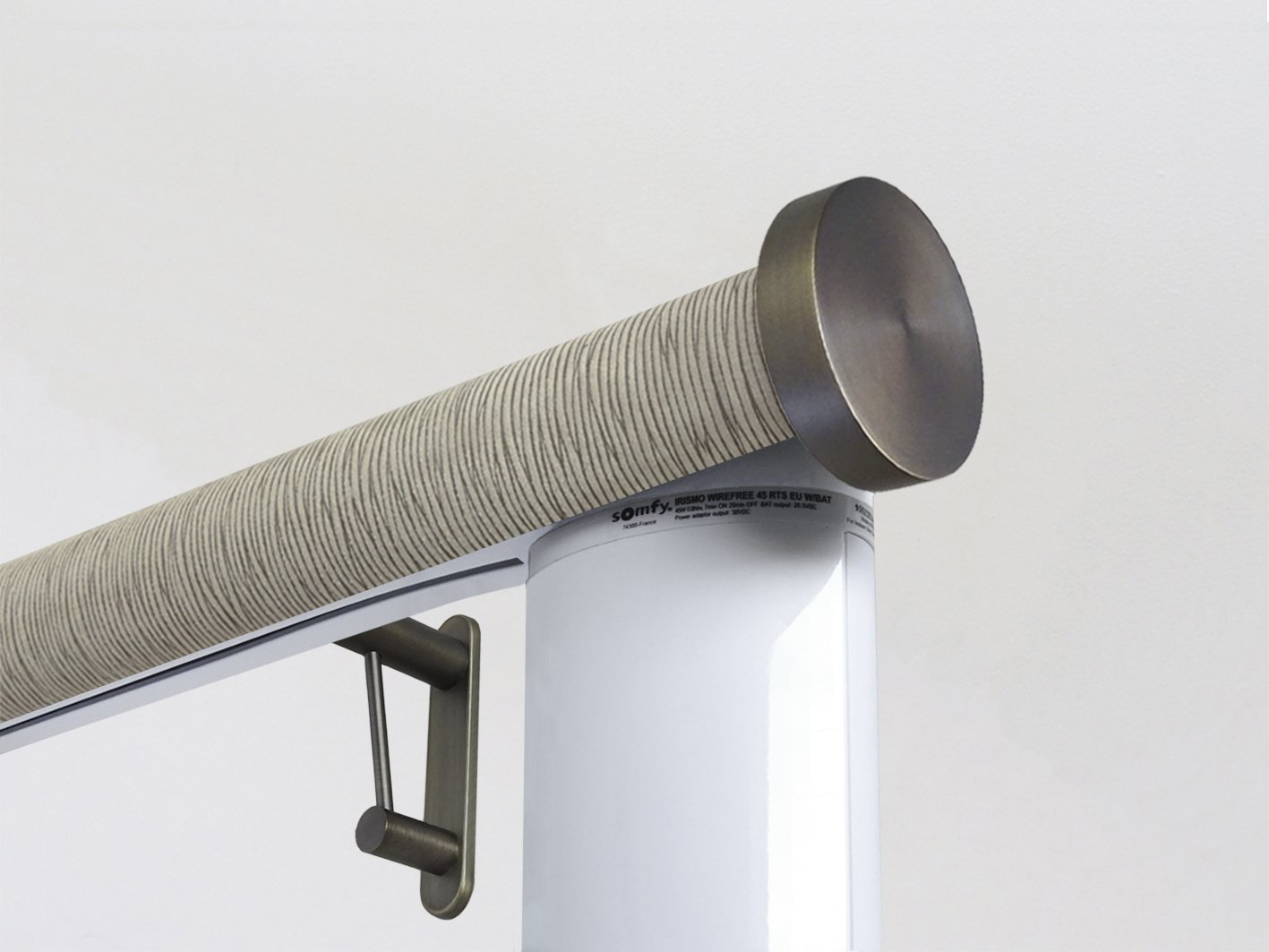 Motorised electric curtain pole in shale green, wireless & battery powered using the Somfy Glydea track | Walcot House UK curtain pole specialists