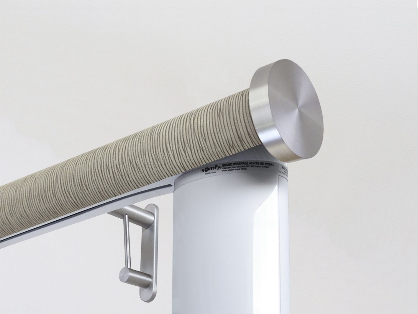 Motorised electric curtain pole in shale green, wireless & battery powered using the Somfy Glydea track | Walcot House UK curtain pole specialists