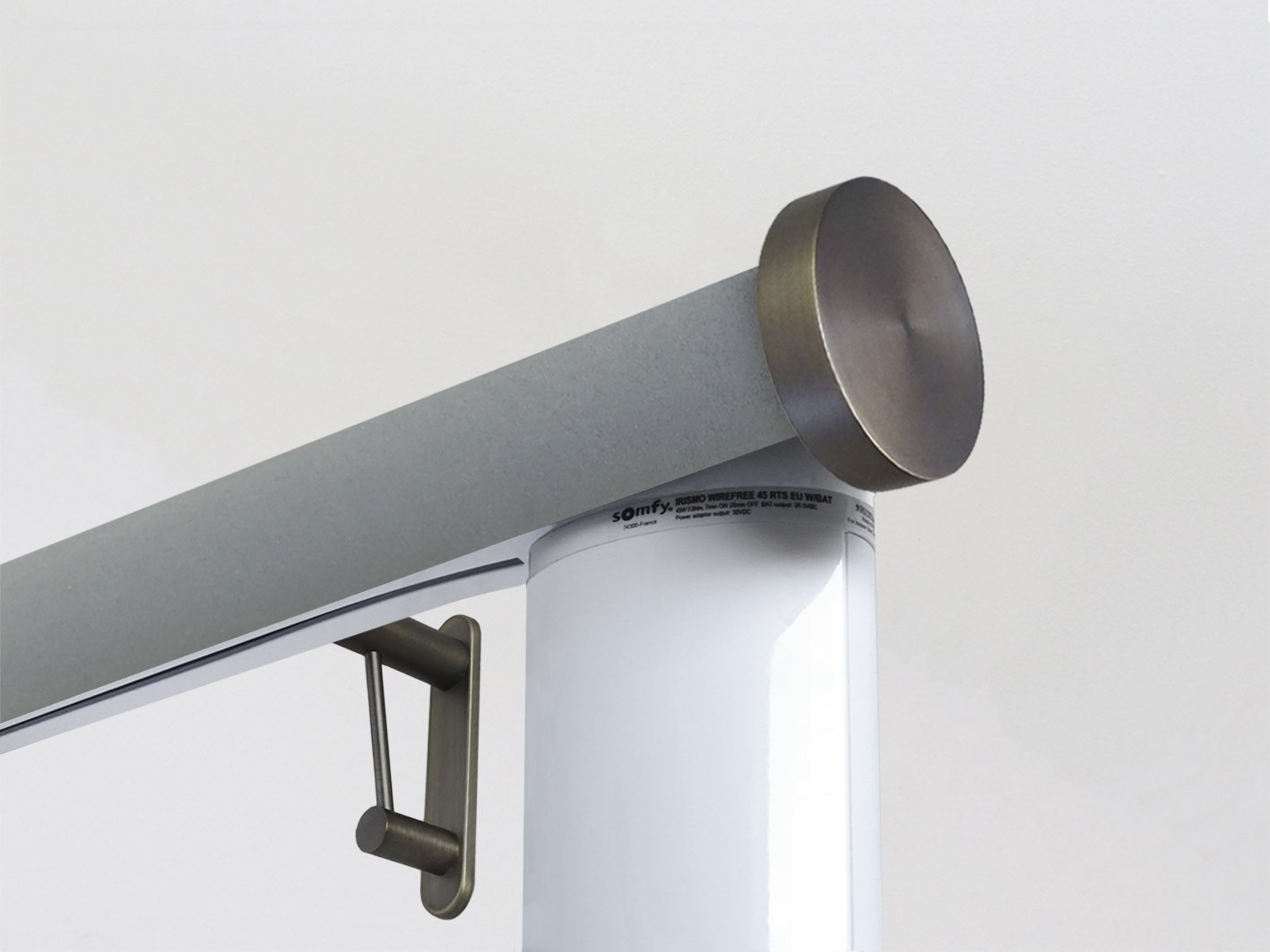 Motorised electric curtain pole in slate blue suede, wireless & battery powered using the Somfy Glydea track | Walcot House UK curtain pole specialists
