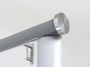 Motorised electric curtain pole in slate blue suede, wireless & battery powered using the Somfy Glydea track | Walcot House UK curtain pole specialists