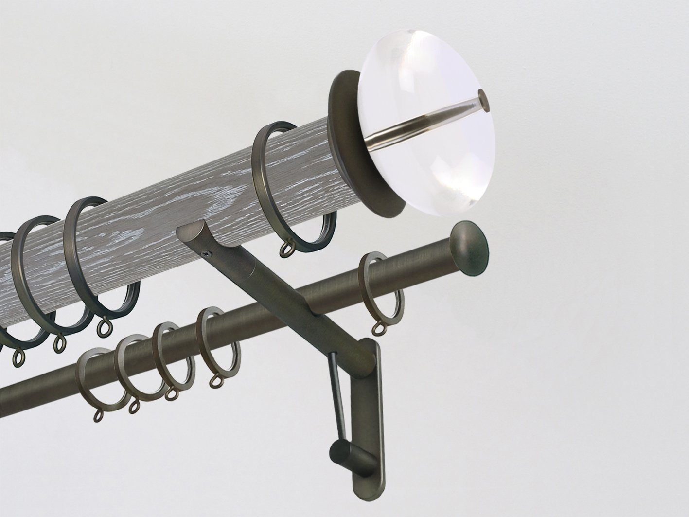 Real solid limed oak double curtain pole set in 50mm diameter with acrylic finials | Walcot House UK