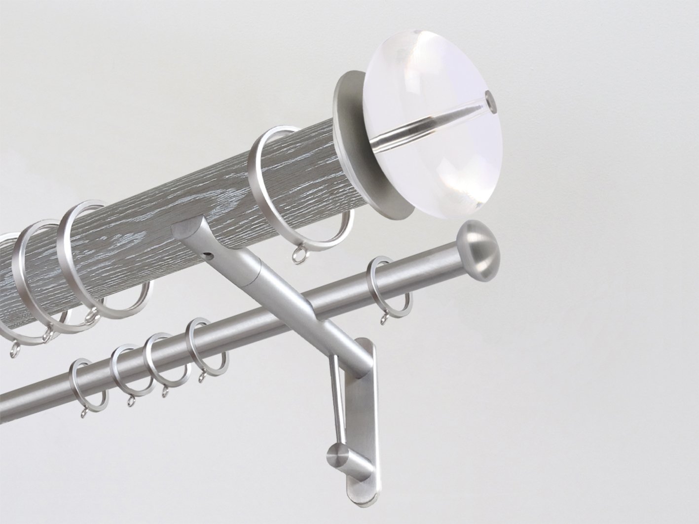 Real solid limed oak double curtain pole set in 50mm diameter with acrylic finials | Walcot House UK