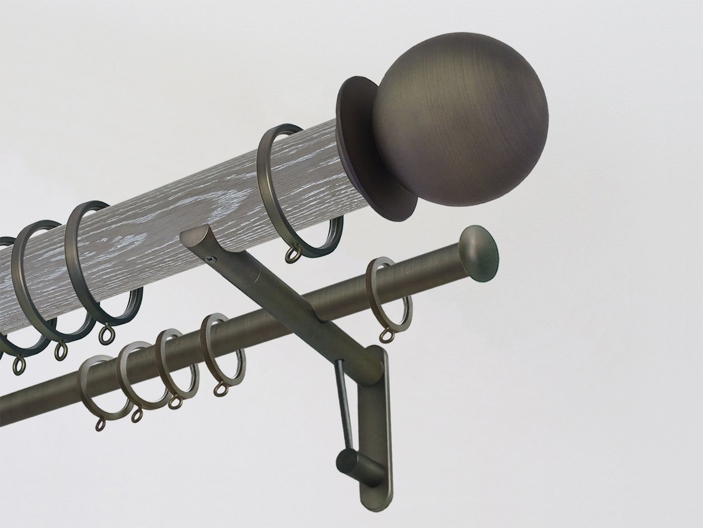 Real solid limed oak double curtain pole set in 50mm diameter with ball finials | Walcot House UK