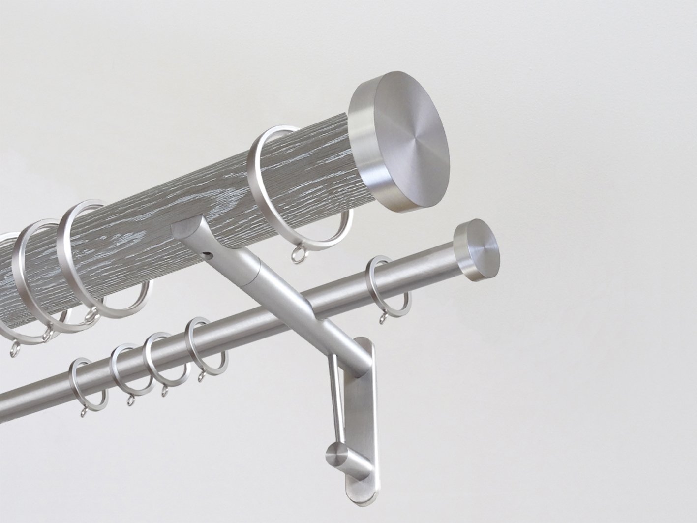 Real solid oak double curtain pole set in 50mm diameter with stainless steel mini disc finials | Walcot House UK