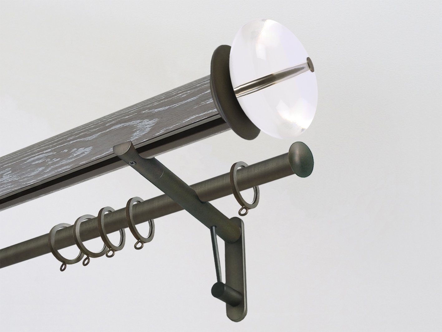 Real solid limed grey oak double curtain pole set with integrated track in 50mm diameter with acrylic finials | Walcot House UK