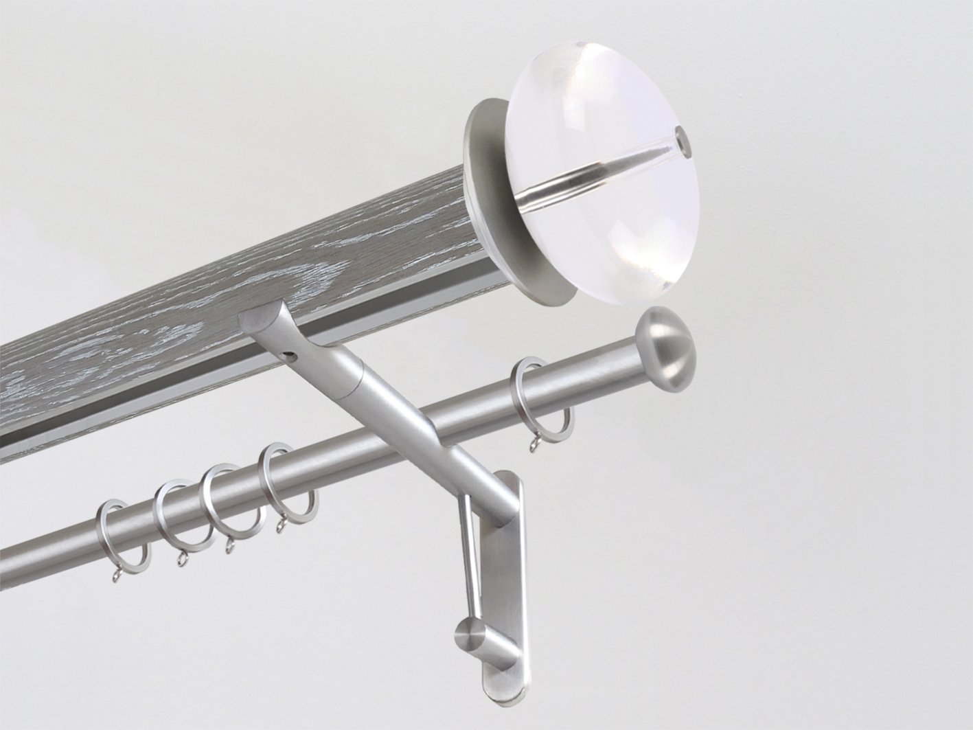 Real solid limed grey oak double curtain pole set with integrated track in 50mm diameter with acrylic finials | Walcot House UK