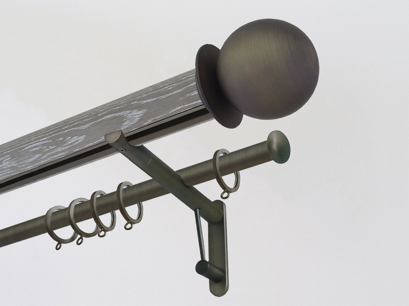 Real solid grey oak double curtain pole set with integrated track in 50mm diameter with bronze ball finials | Walcot House UK