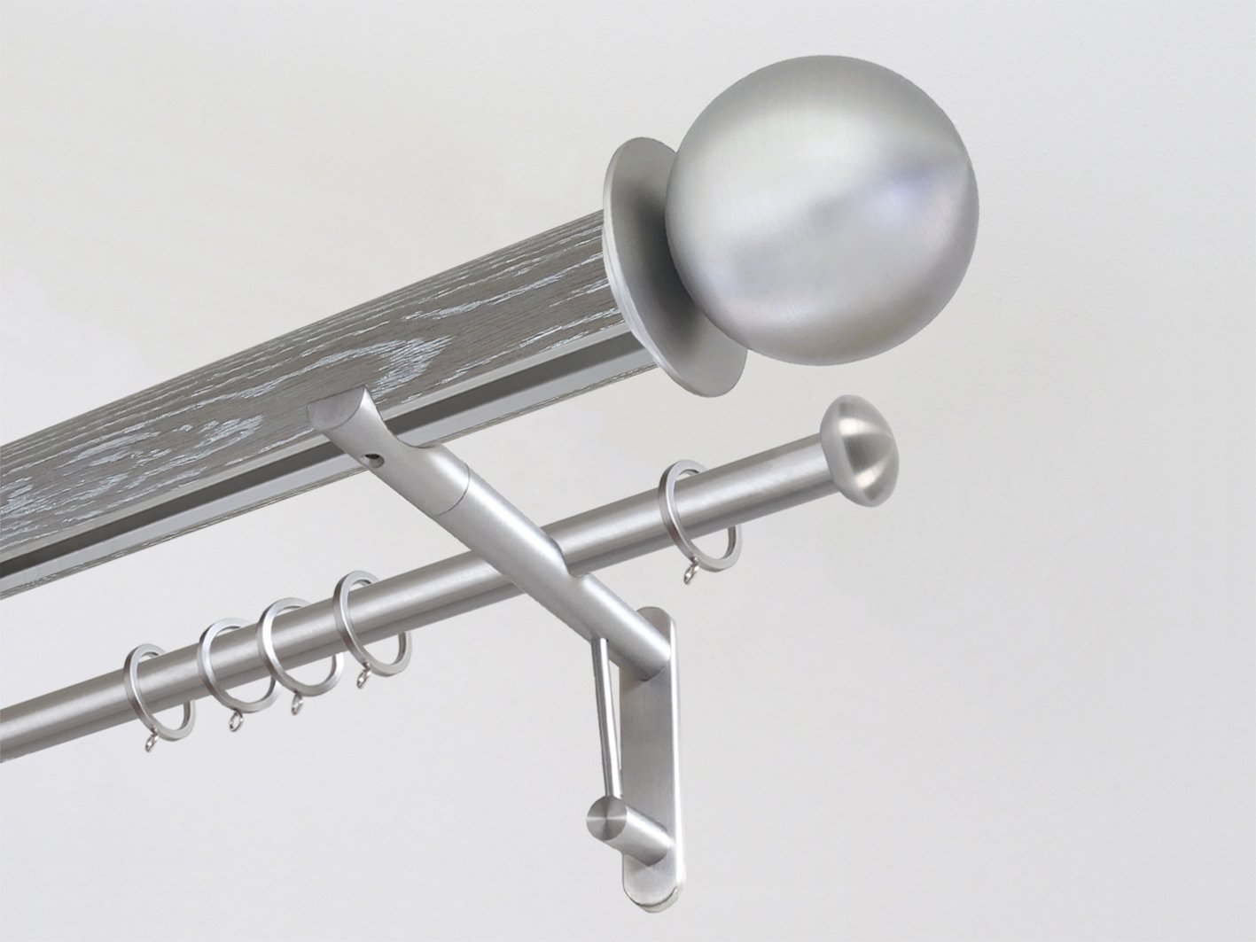 Real solid grey oak double curtain pole set with integrated track in 50mm diameter with bronze ball finials | Walcot House UK