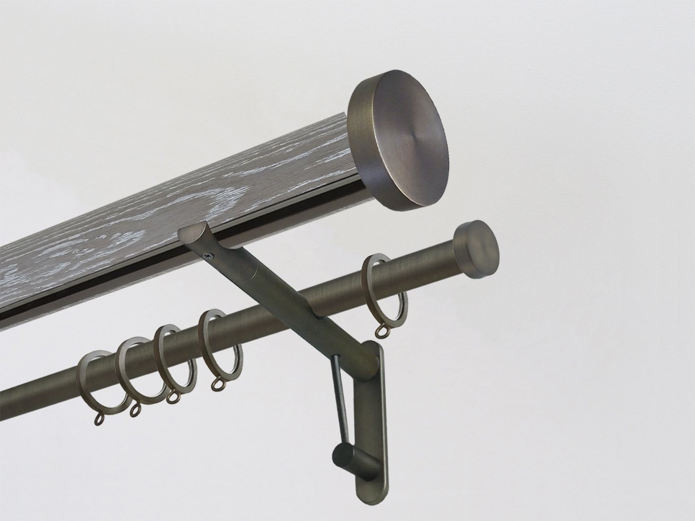 Real solid grey oak double curtain pole set with integrated track in 50mm diameter with steel mini disc finials | Walcot House UK