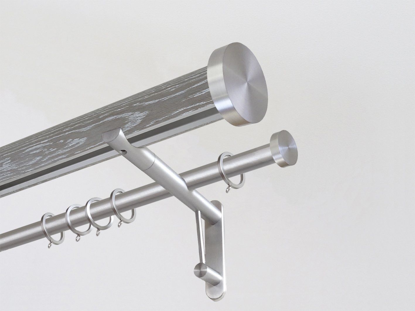 Real solid grey oak double curtain pole set with integrated track in 50mm diameter with steel mini disc finials | Walcot House UK