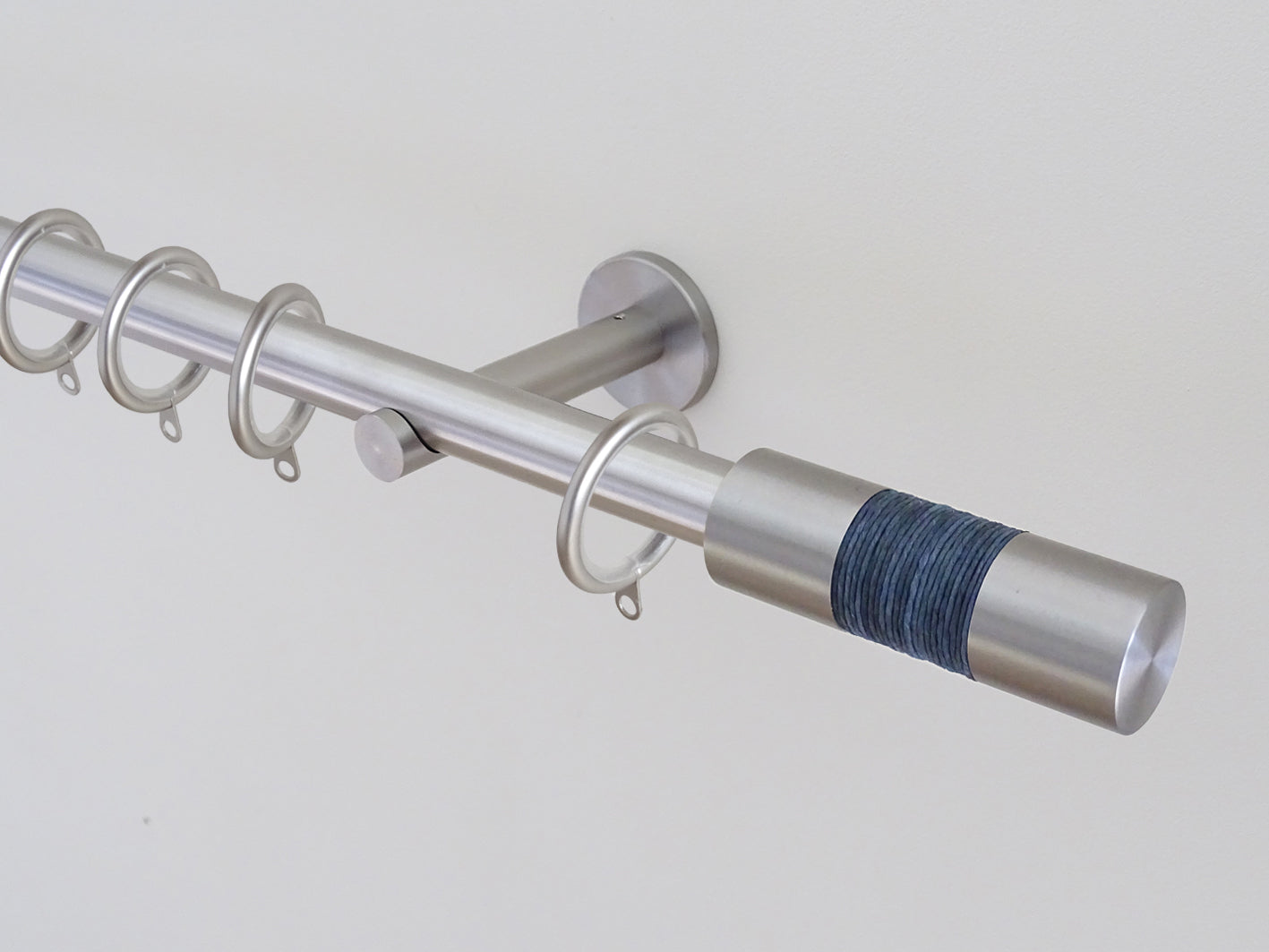 19mm diameter stainless steel curtain pole sets with steel barrel finials in orca blue