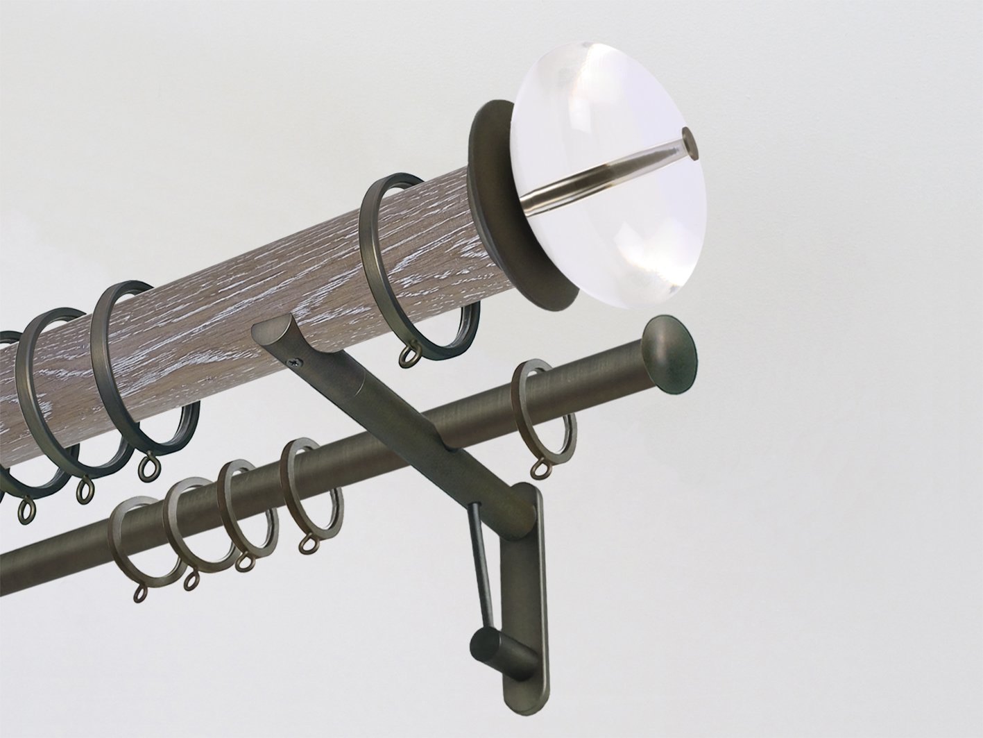 Real solid limed oak double curtain pole set in 50mm diameter with acrylic finials | Walcot House UK