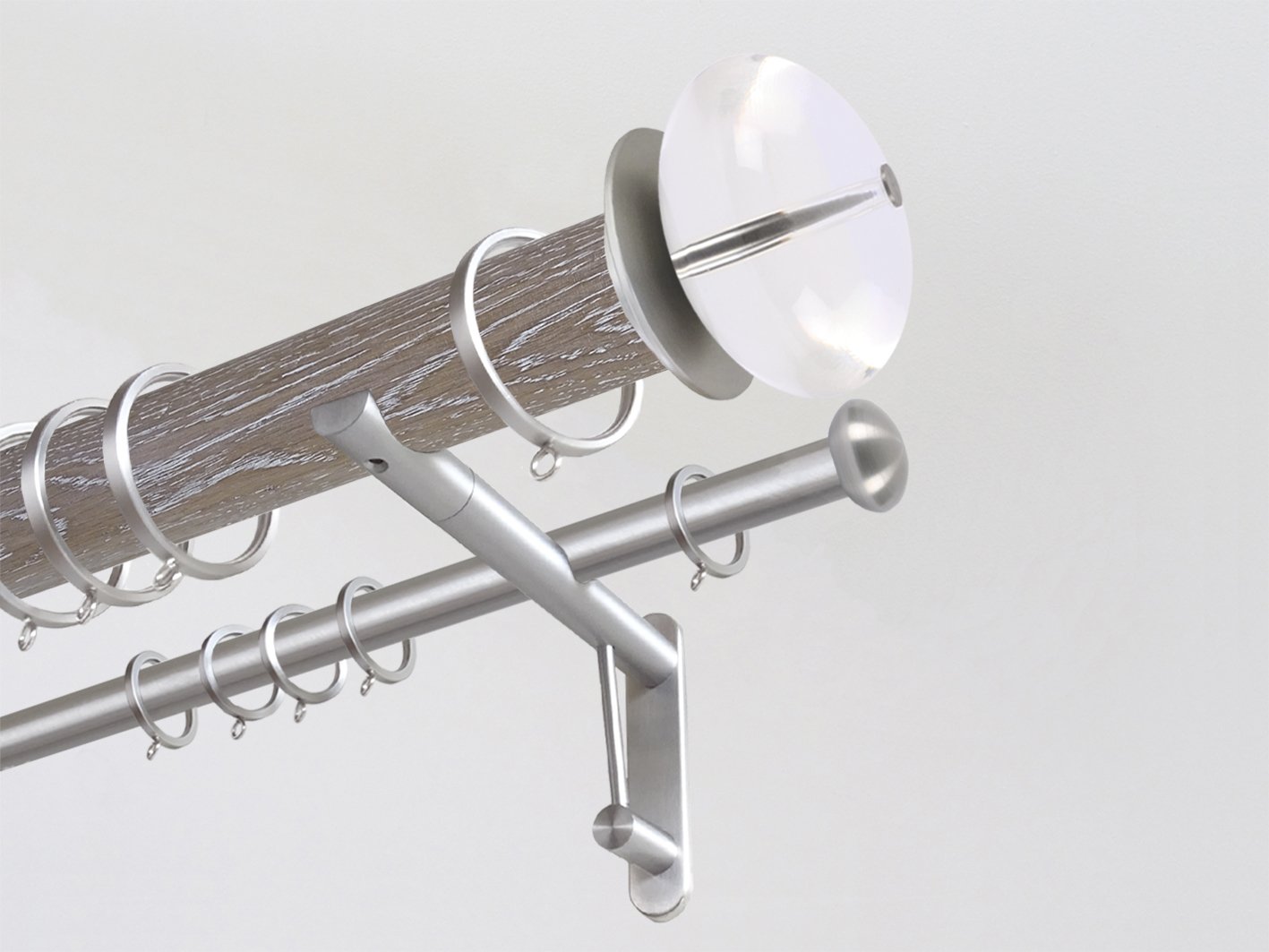 Real solid limed oak double curtain pole set in 50mm diameter with acrylic finials | Walcot House UK