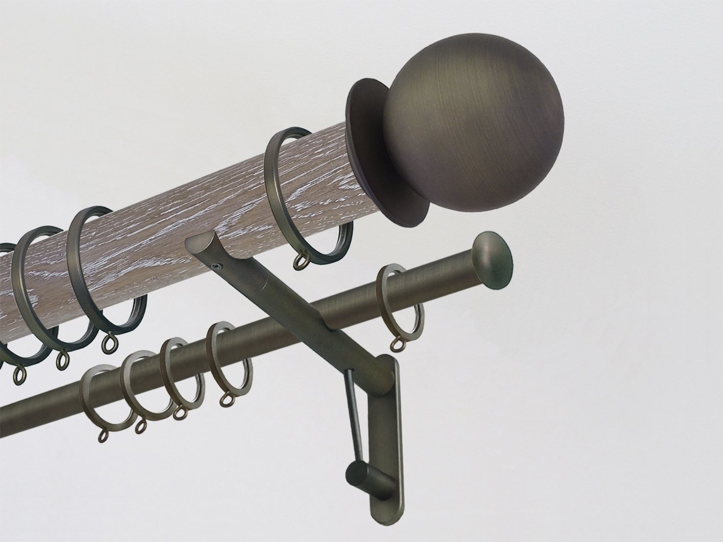 Real solid limed oak double curtain pole set in 50mm diameter with ball finials | Walcot House UK