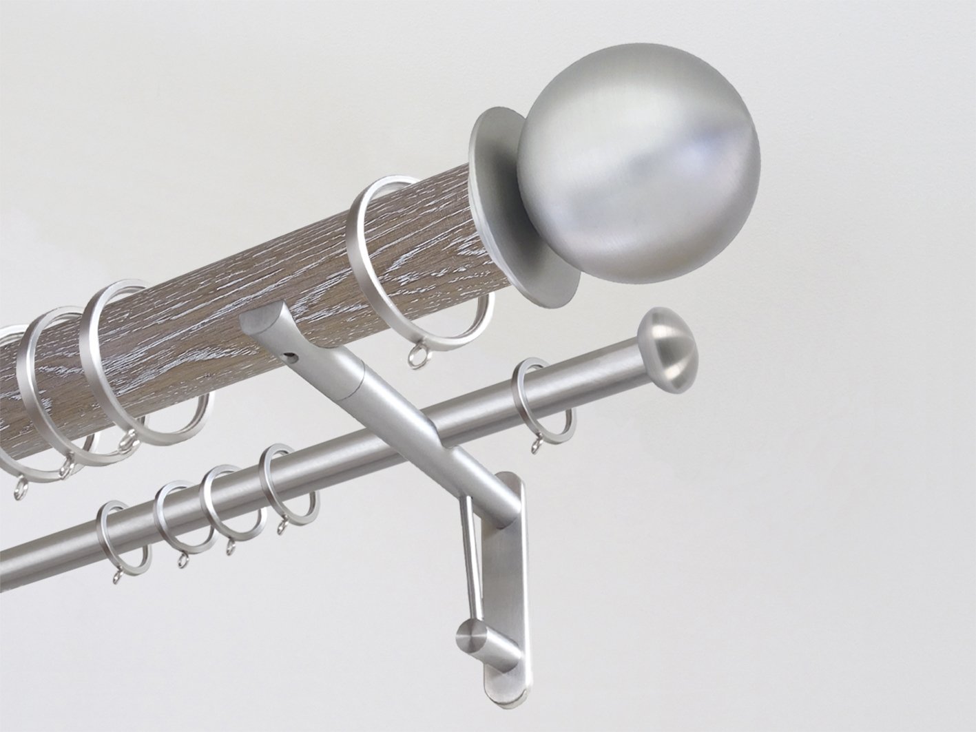 Real solid limed oak double curtain pole set in 50mm diameter with ball finials | Walcot House UK