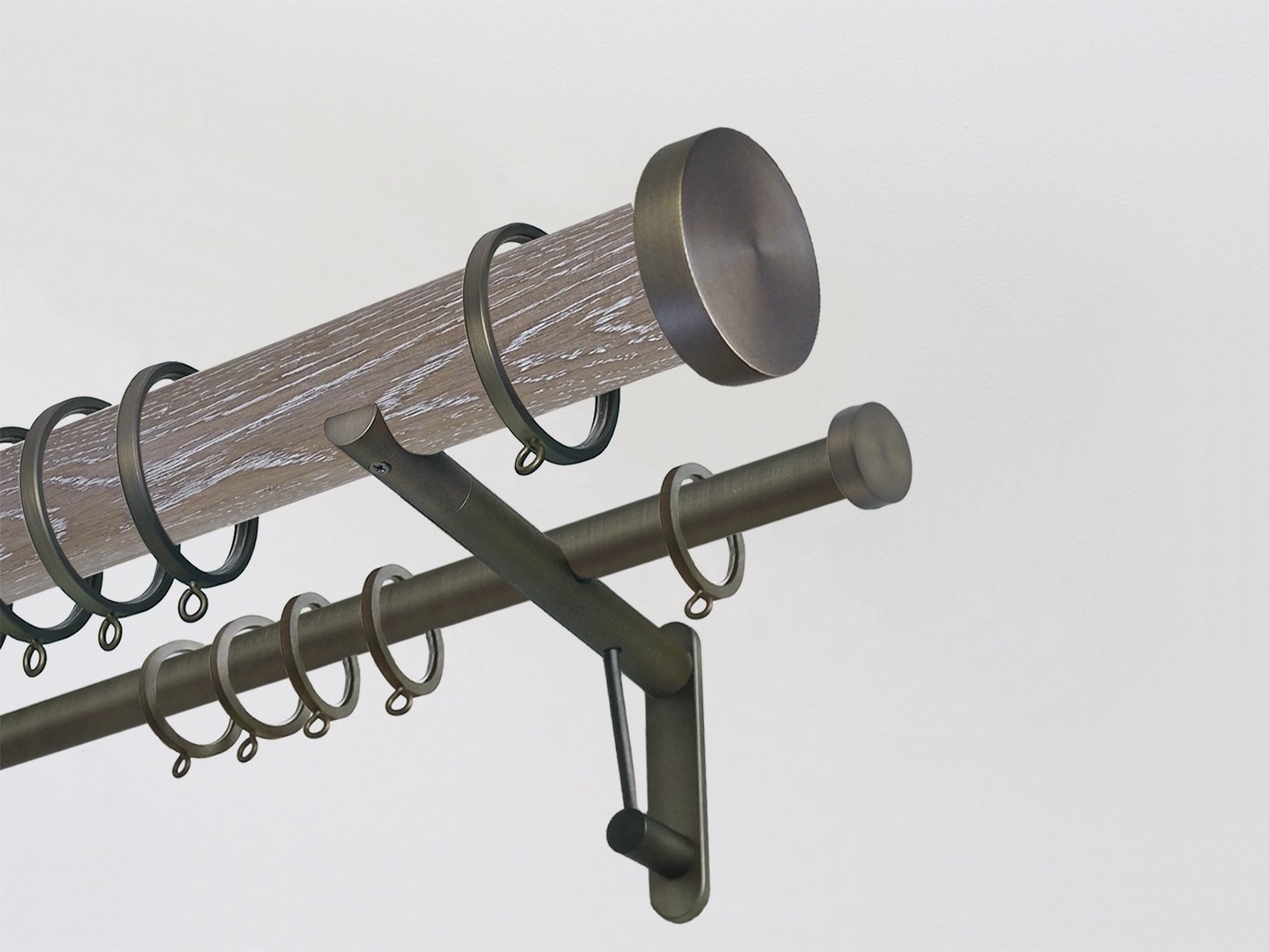 Real solid limed oak double curtain pole set in 50mm diameter with bronze mini disc finials | Walcot House UK