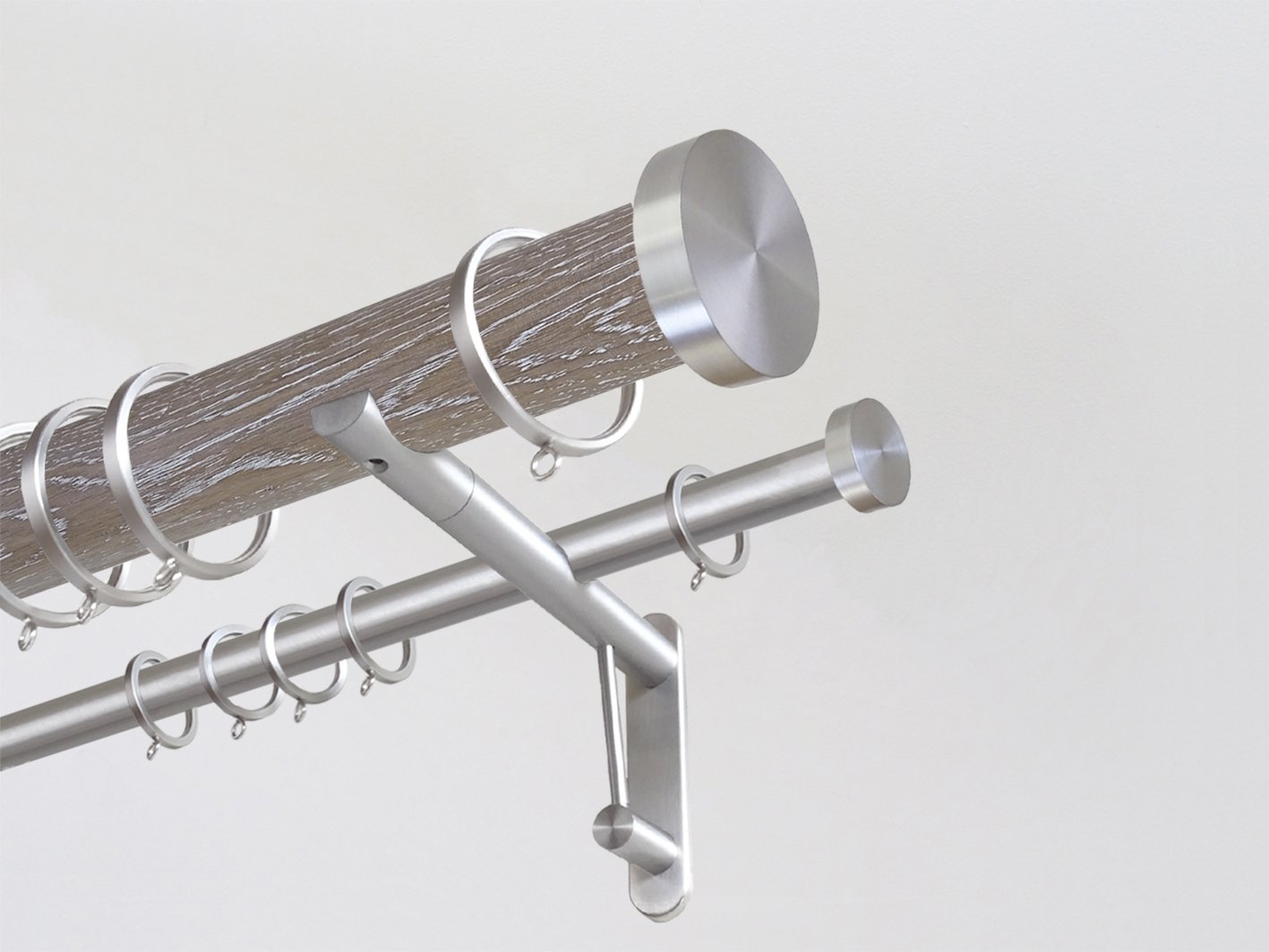 Real solid limed oak double curtain pole set in 50mm diameter with bronze mini disc finials | Walcot House UK