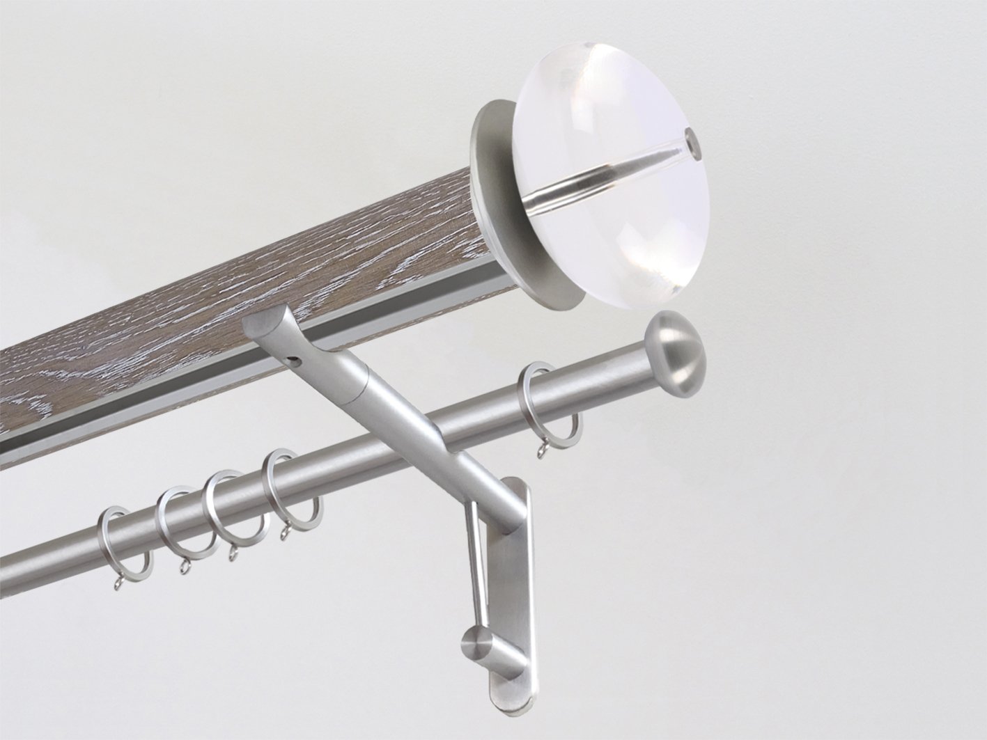 Real solid limed oak double curtain pole set with integrated track in 50mm diameter with acrylic finials | Walcot House UK