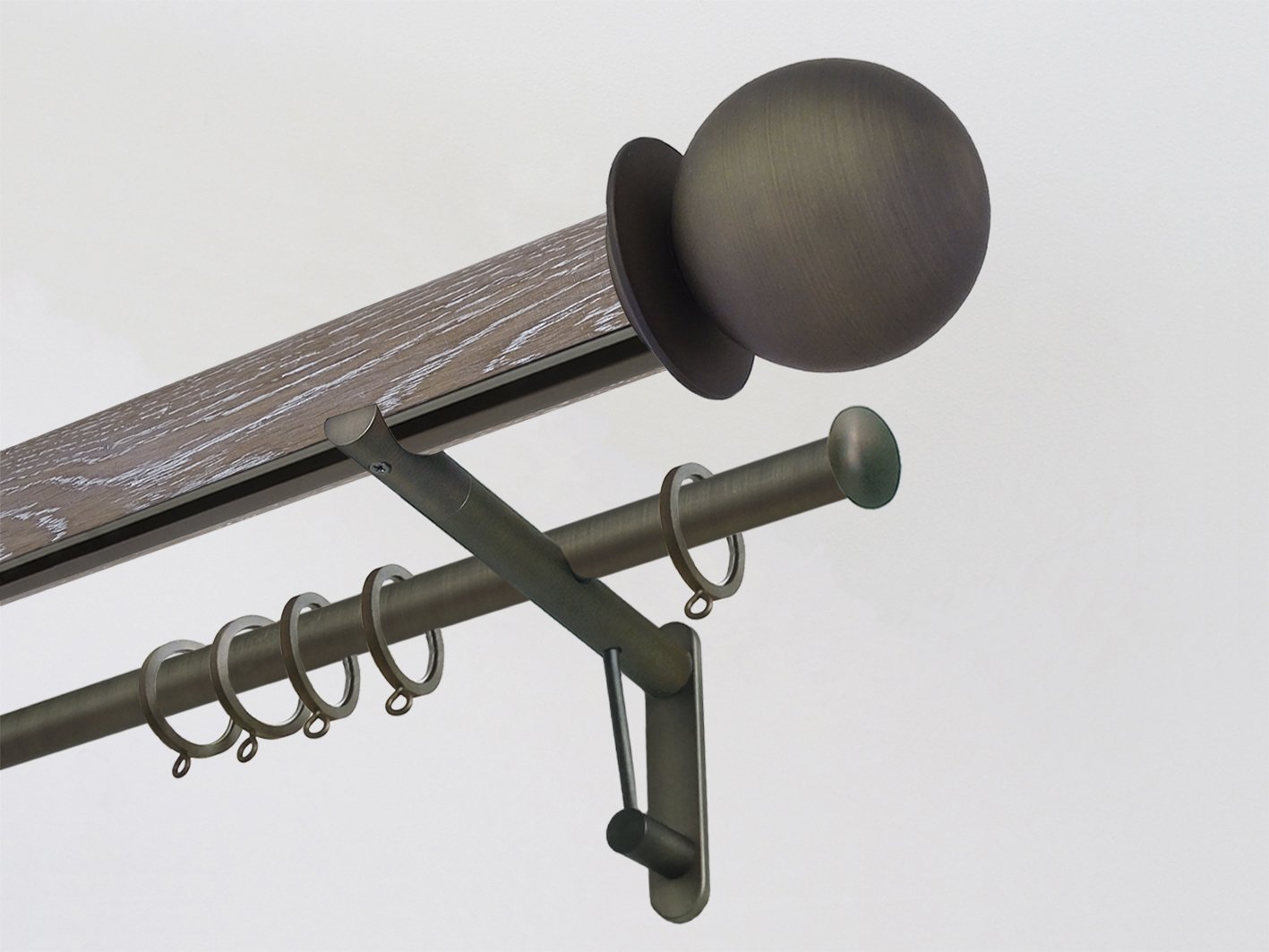 Real solid limed oak double curtain pole set with integrated track in 50mm diameter with bronze ball finials | Walcot House UK