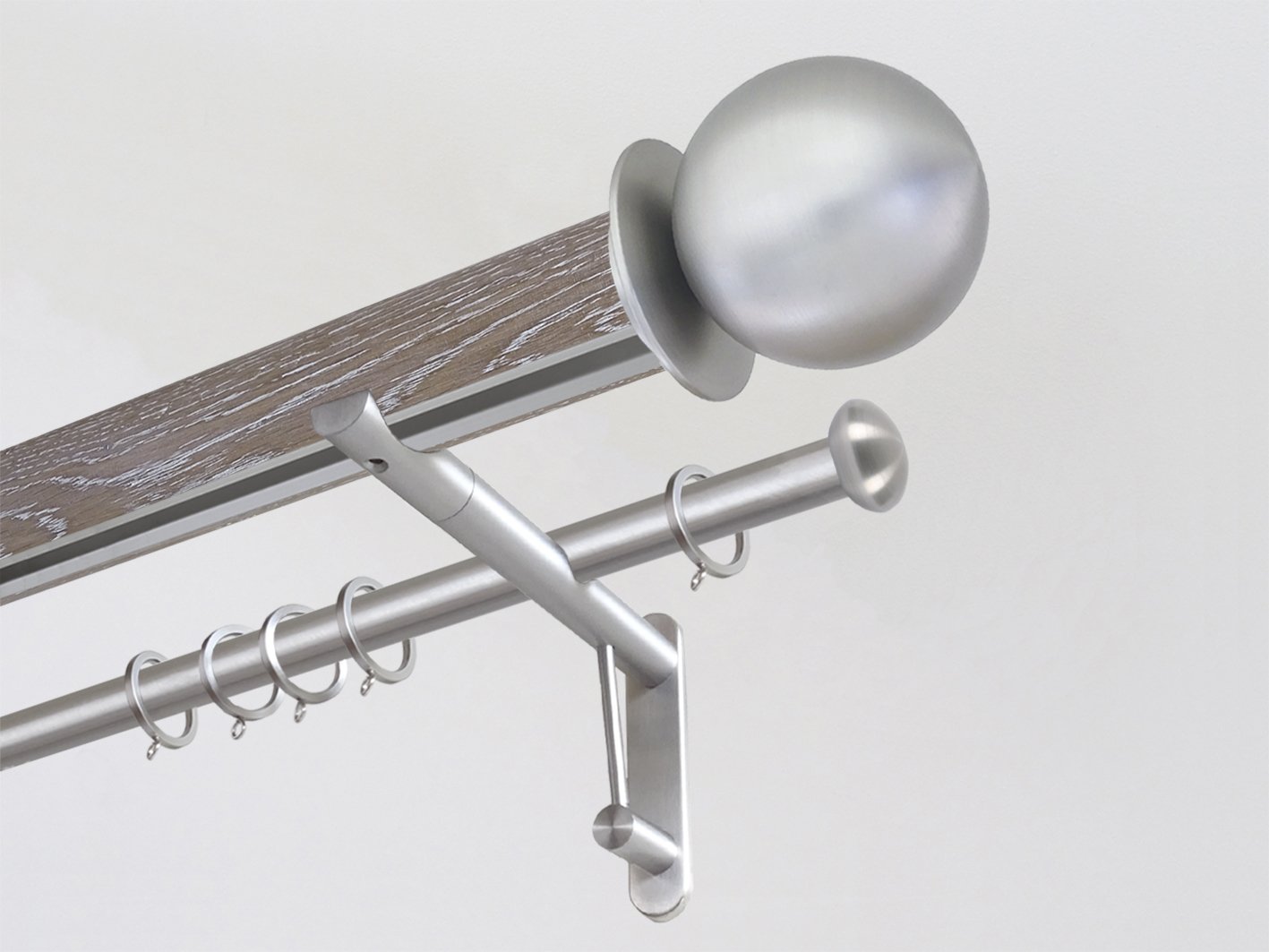 Real solid limed oak double curtain pole set with integrated track in 50mm diameter with bronze ball finials | Walcot House UK