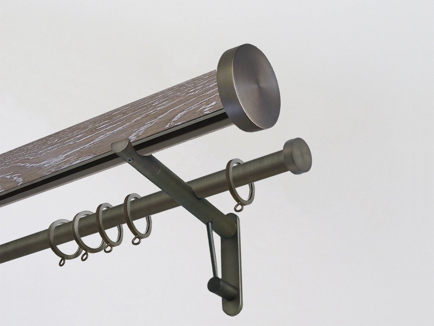 Real solid limed oak double curtain pole set with integrated track in 50mm diameter with bronze mini disc finials | Walcot House UK