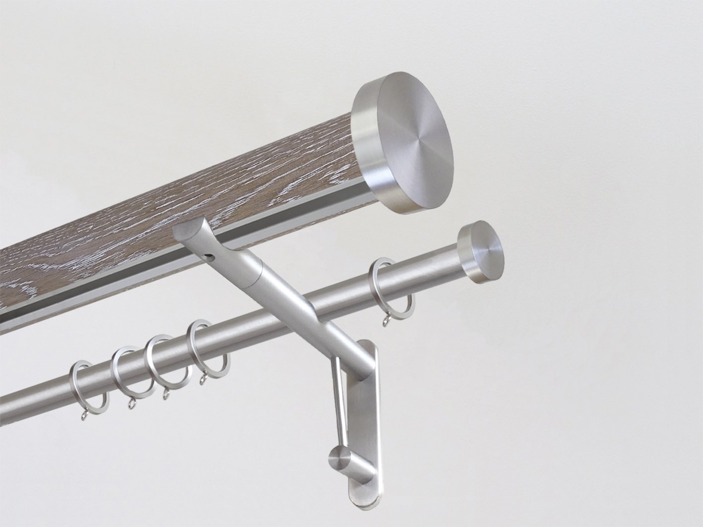 Real solid limed oak double curtain pole set with integrated track in 50mm diameter with bronze mini disc finials | Walcot House UK