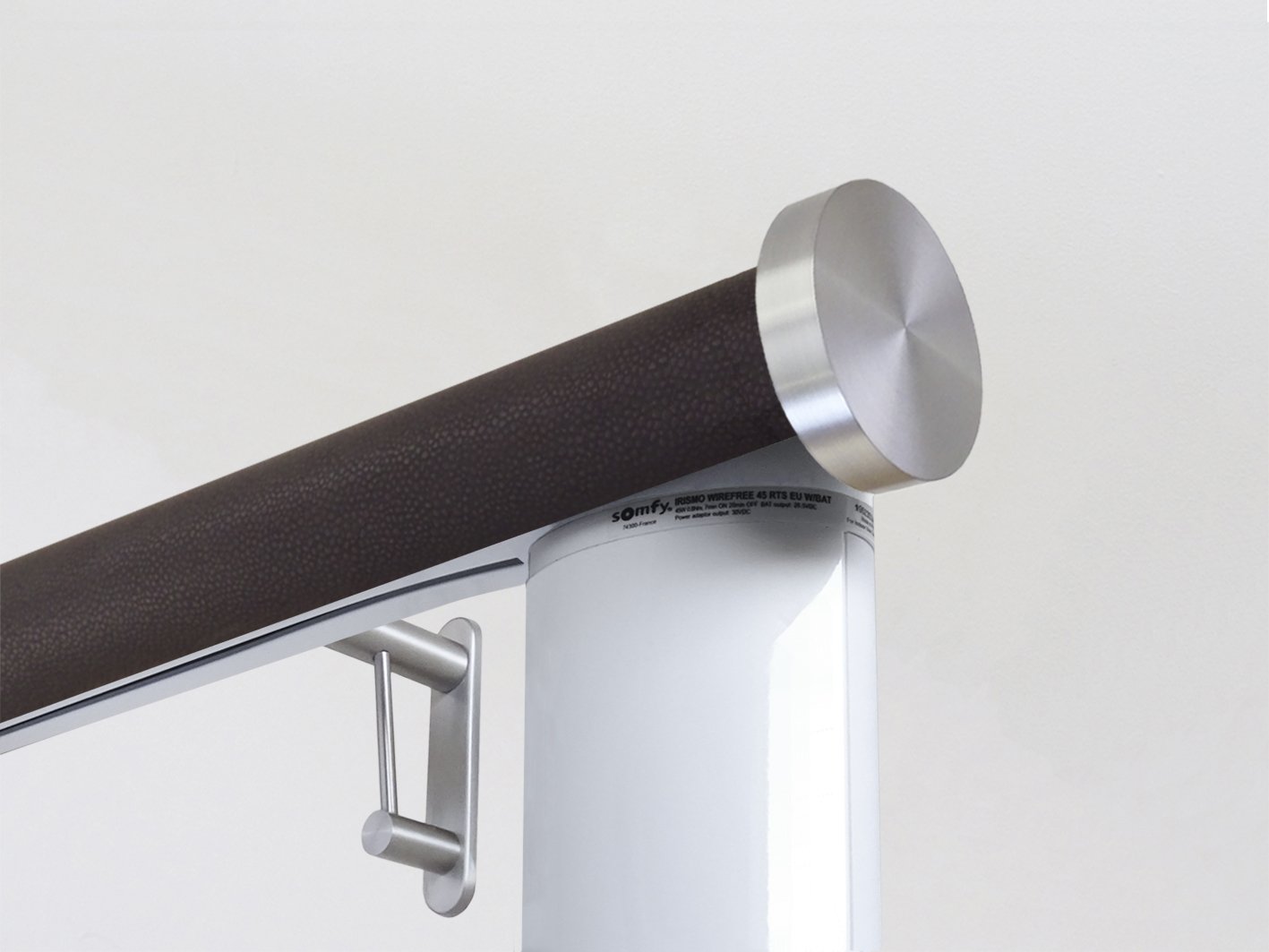 Motorised electric curtain pole in tennessee bronze, wireless & battery powered using the Somfy Glydea track | Walcot House UK curtain pole specialists
