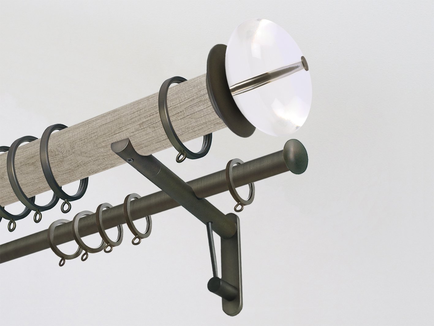 Real solid oak double curtain pole set in 50mm diameter with acrylic finials | Walcot House UK