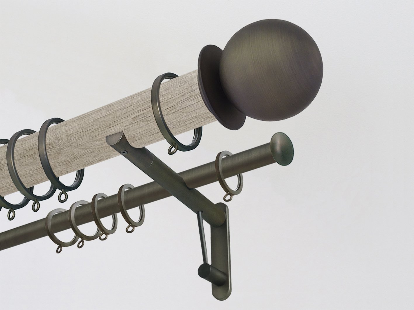 Real solid oak double curtain pole set in 50mm diameter with bronze finials | Walcot House UK