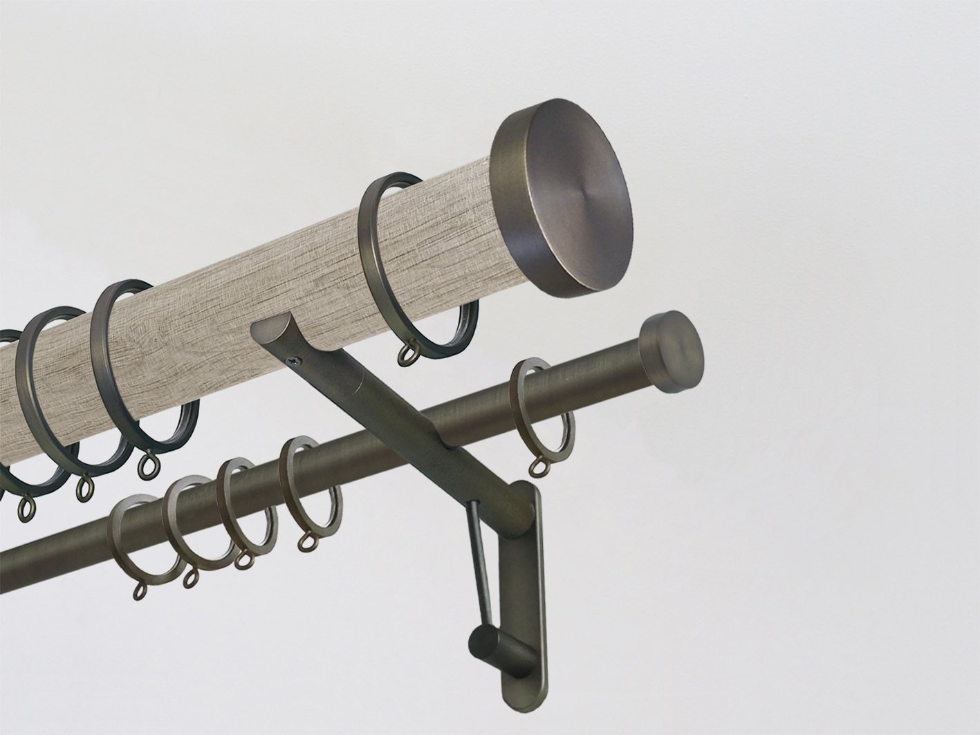 Real solid oak double curtain pole set in 50mm diameter with bronze mini disc finials | Walcot House UK