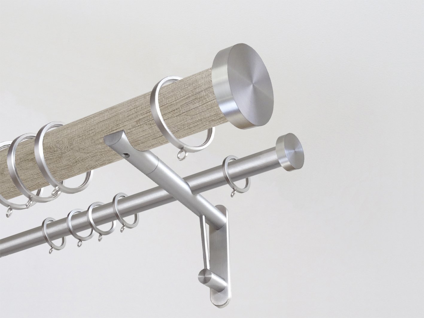 Real solid oak double curtain pole set in 50mm diameter with bronze mini disc finials | Walcot House UK