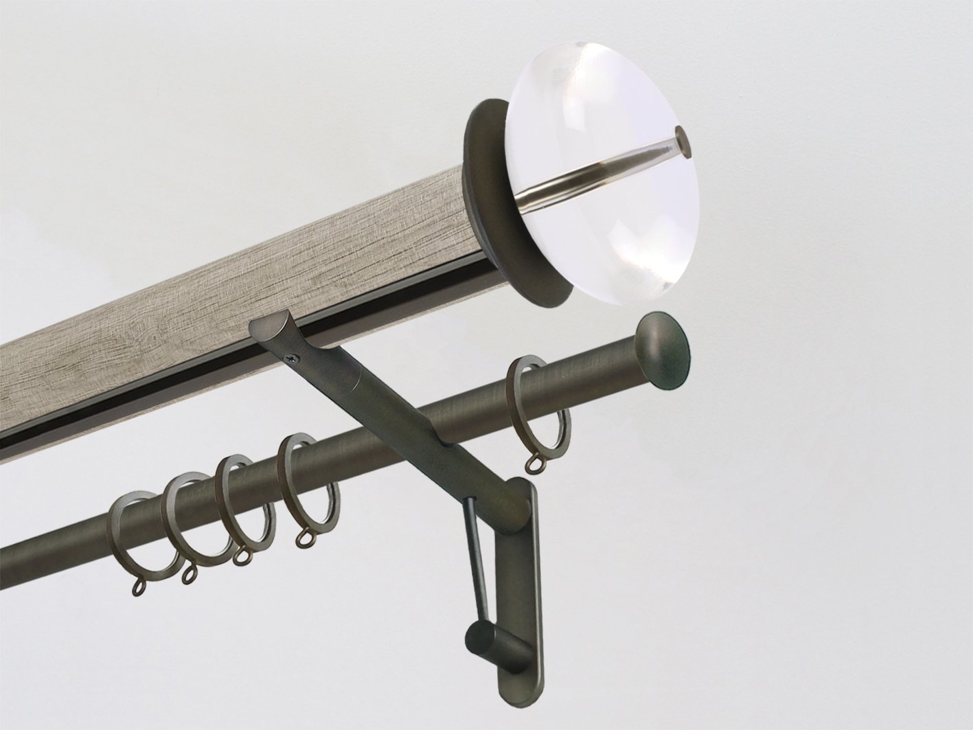 Real solid oak double curtain pole set with integrated track in 50mm diameter with bronze finials | Walcot House UK