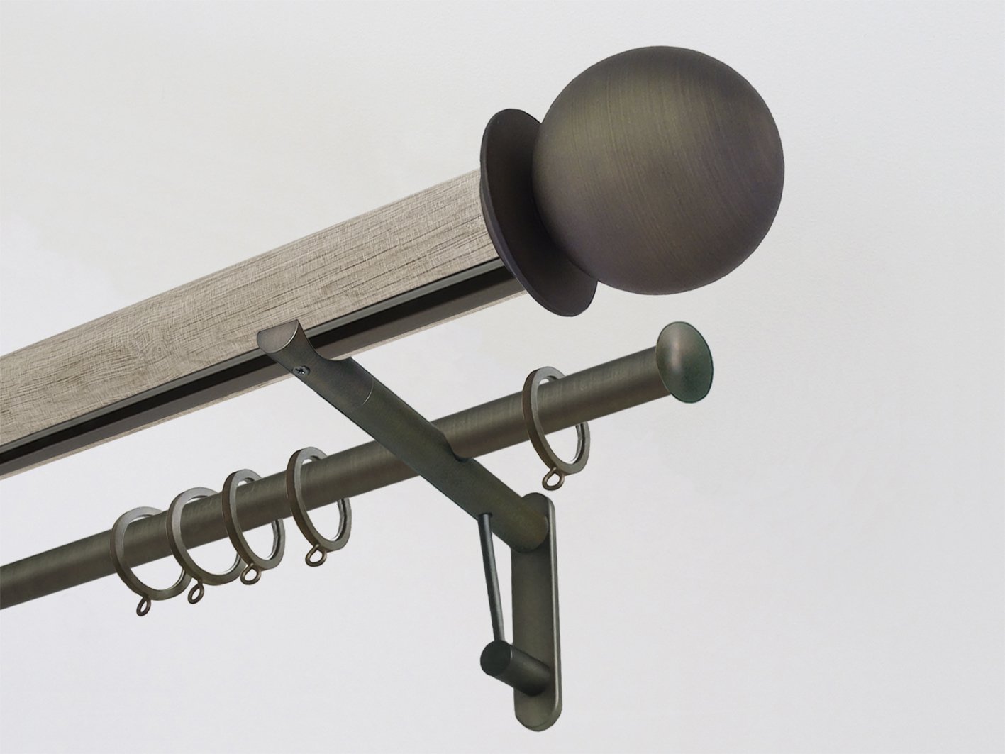 Real solid oak double curtain pole set with integrated track in 50mm diameter with bronze  finials | Walcot House UK