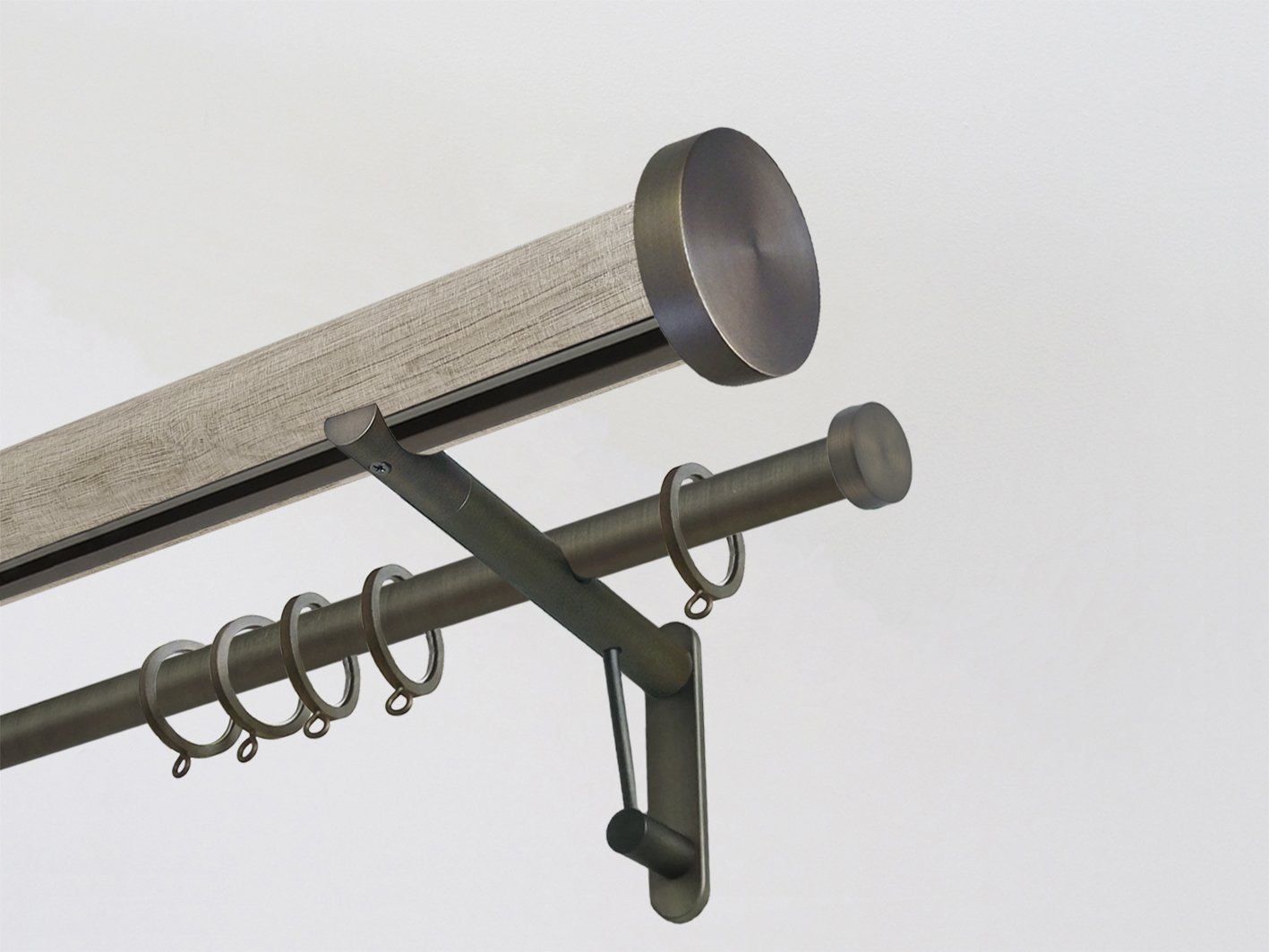 Real solid oak double curtain pole set with integrated track in 50mm diameter with bronze mini disc finials | Walcot House UK