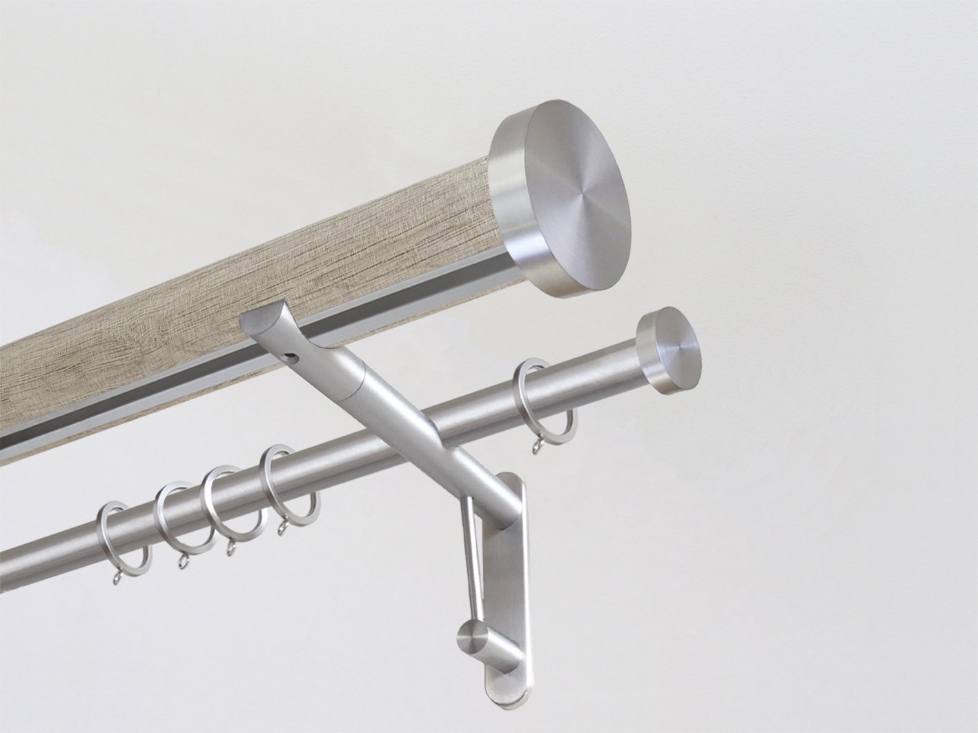 Real solid oak double curtain pole set with integrated track in 50mm diameter with bronze mini disc finials | Walcot House UK