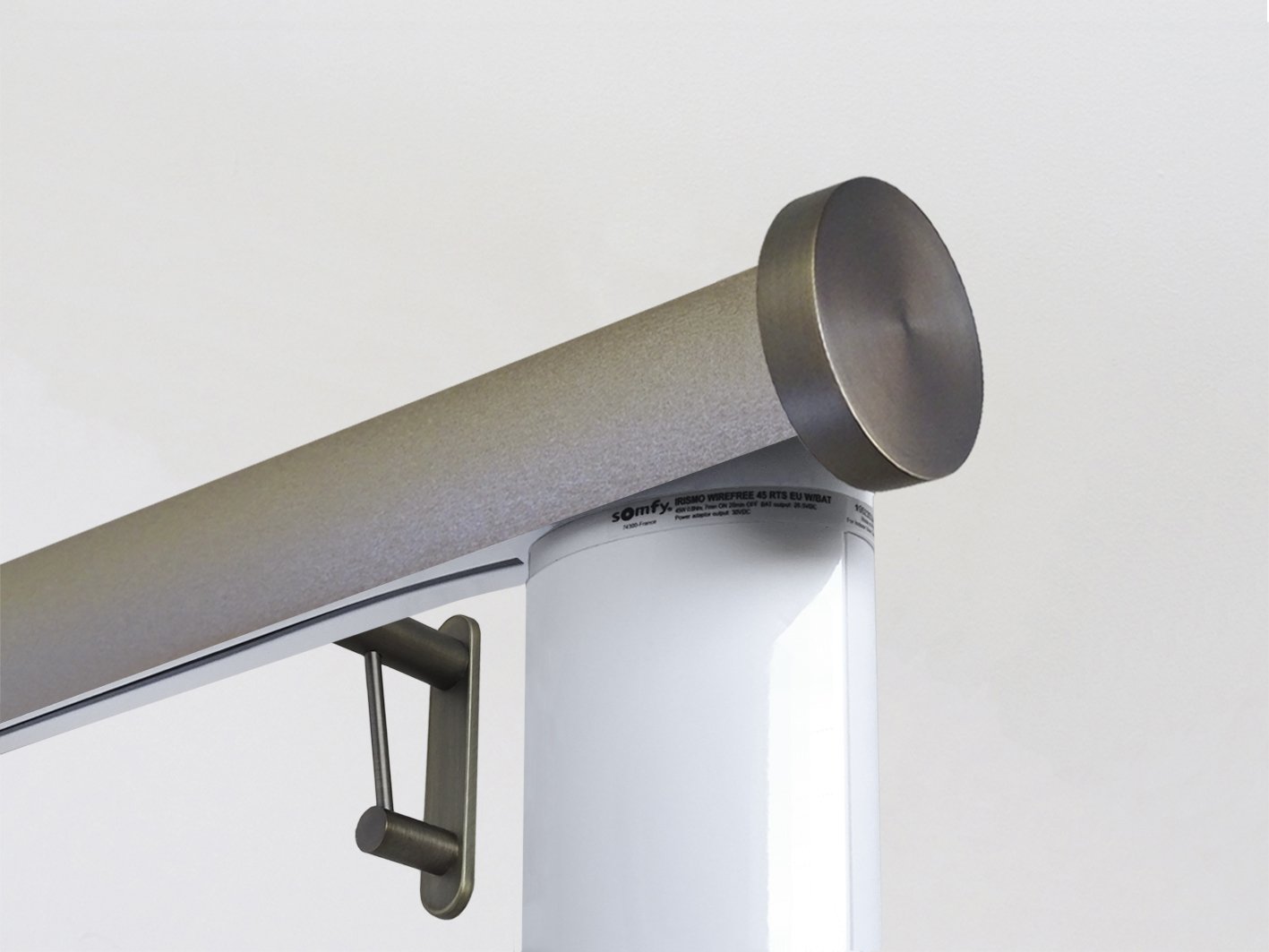 Motorised electric curtain pole in warm gunmetal driftwood, wireless & battery powered using the Somfy Glydea track | Walcot House UK curtain pole specialists