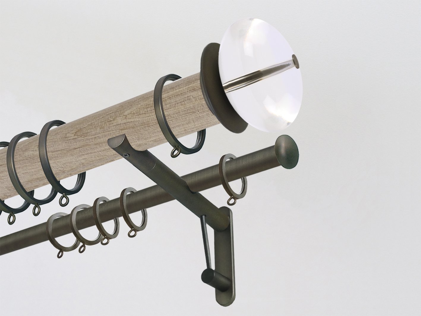 Real solid oak double curtain pole set in 50mm diameter with acrylic finials | Walcot House UK