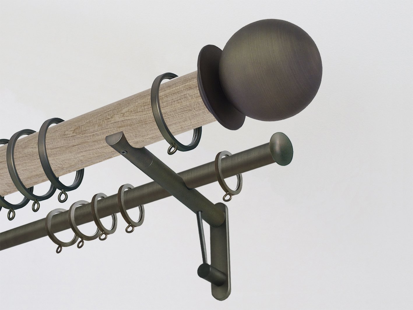 Real solid oak double curtain pole set in 50mm diameter with ball finials | Walcot House UK