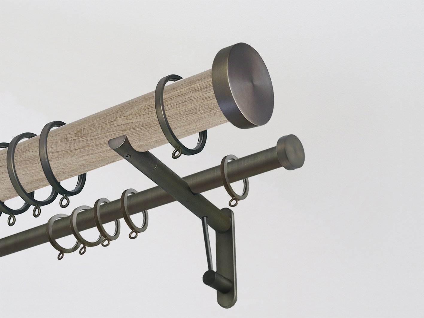 Real solid waxed oak double curtain pole set in 50mm diameter with bronze mini disc finials | Walcot House UK