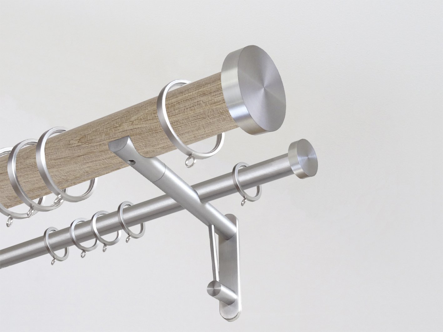 Real solid waxed oak double curtain pole set in 50mm diameter with bronze mini disc finials | Walcot House UK