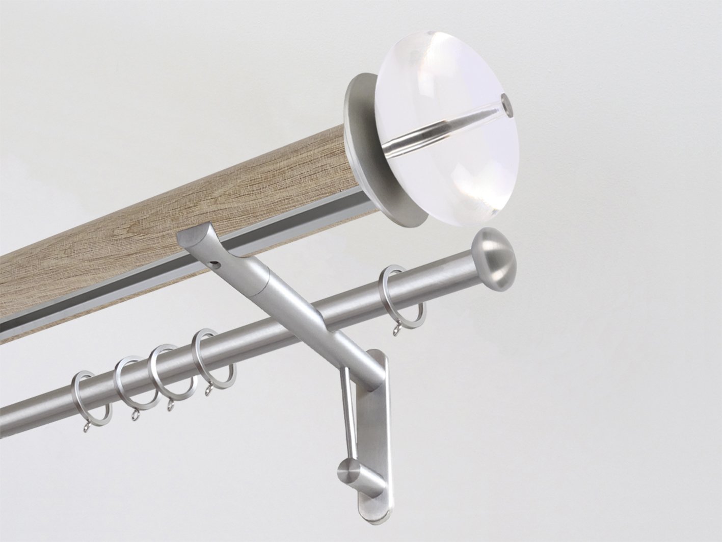 Real solid oak double curtain pole set with integrated track in 50mm diameter with acrylic finials | Walcot House UK