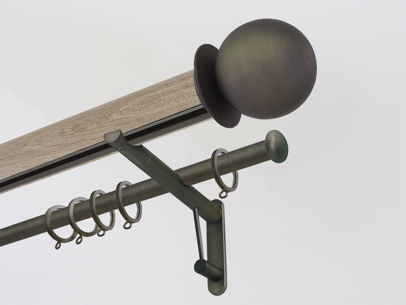 Real solid oak double curtain pole set with integrated track in 50mm diameter with bronze ball finials | Walcot House UK