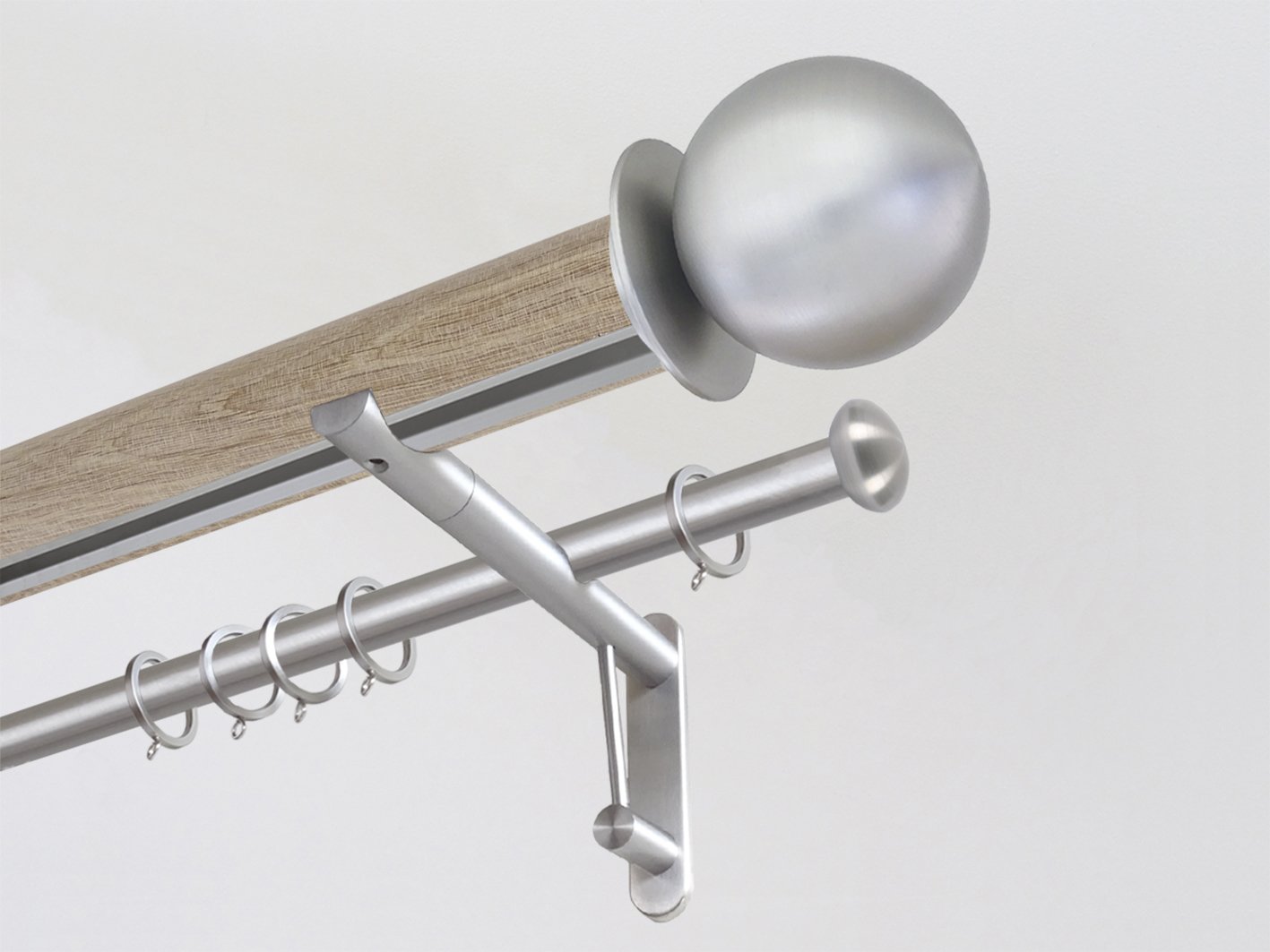 Real solid oak double curtain pole set with integrated track in 50mm diameter with bronze ball finials | Walcot House UK