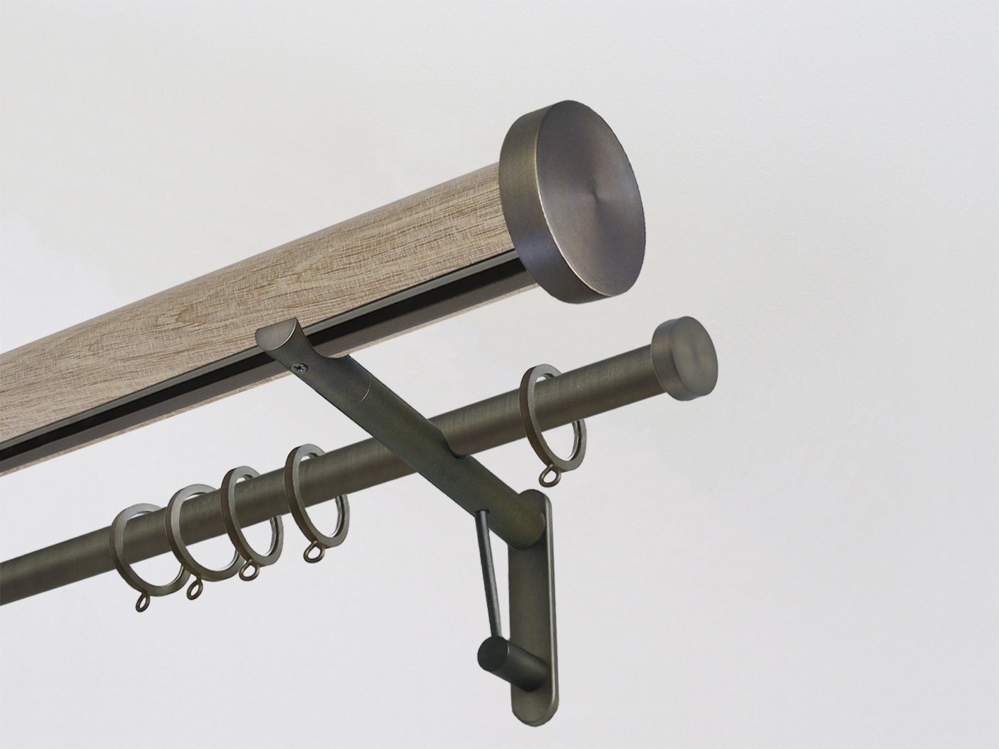 Real solid oak double curtain pole set with integrated track in 50mm diameter with bronze mini disc finials | Walcot House UK